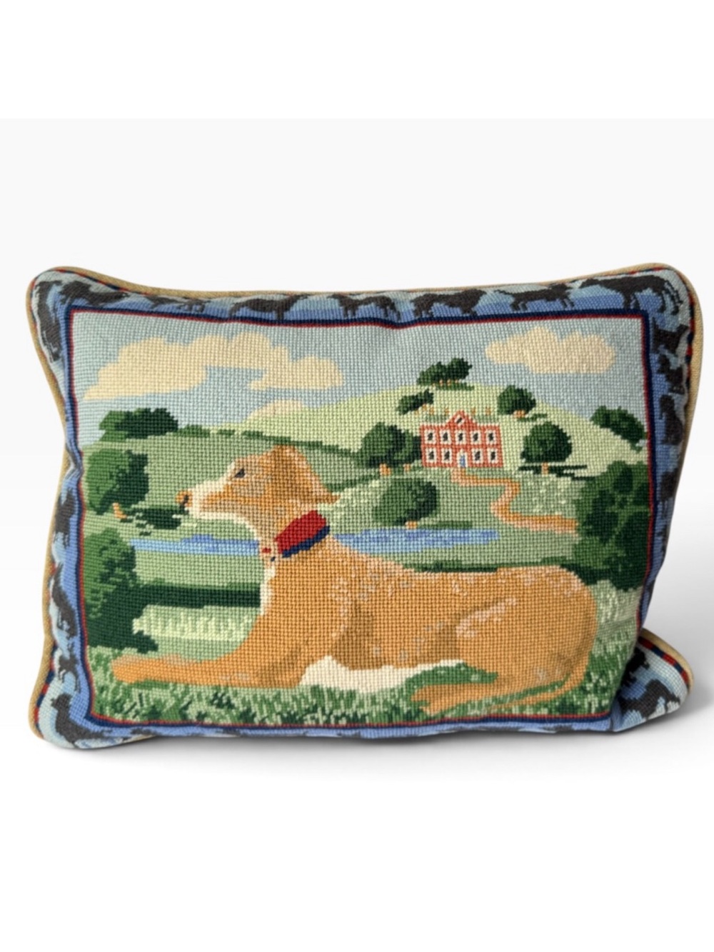 Vintage Whippet Greyhound Hound Dog English Landscape Needlepoint Pillow 12x16